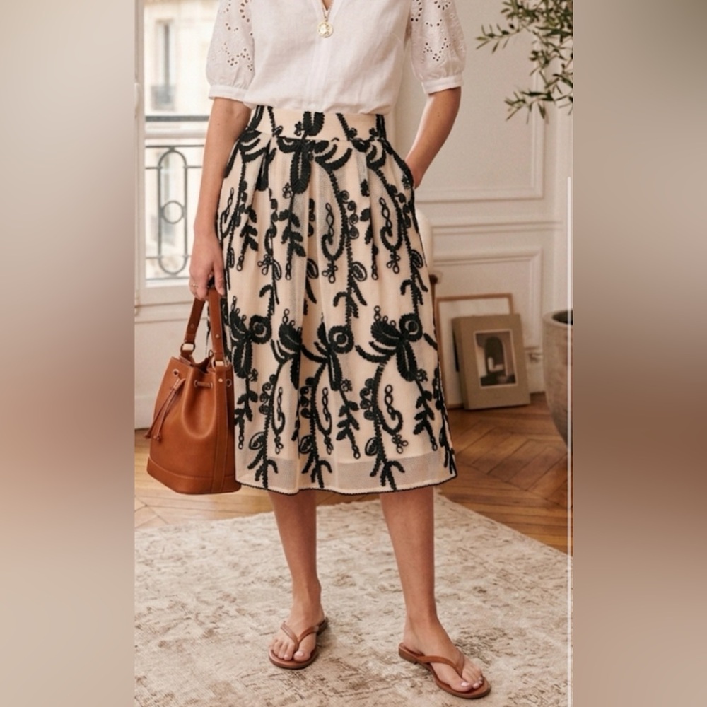 Eva Franco for Anthropologie Cream Midi Skirt with Black Embroidery XS